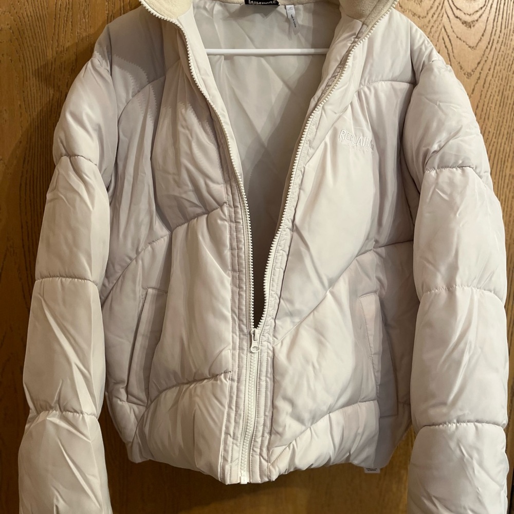 Urban Outfitters Cream Puffer Jacket with Stand-Up Collar, Size Small